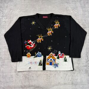 Sun Li Joy Sweater Womens XL Black Vtg Christmas Cardigan Reindeer Embroidered